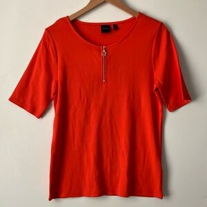 Rafaella Tee Shirt Top Short Sleeve Cotton Knit Quarter Zip Orange Large